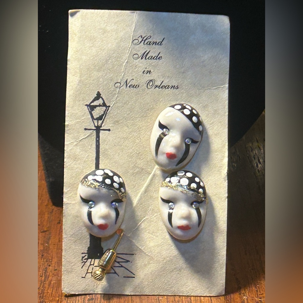 Vintage Hand Made Porcelain "Fancy Faces" or "Mardi Gras Mask" Pin & Earrings